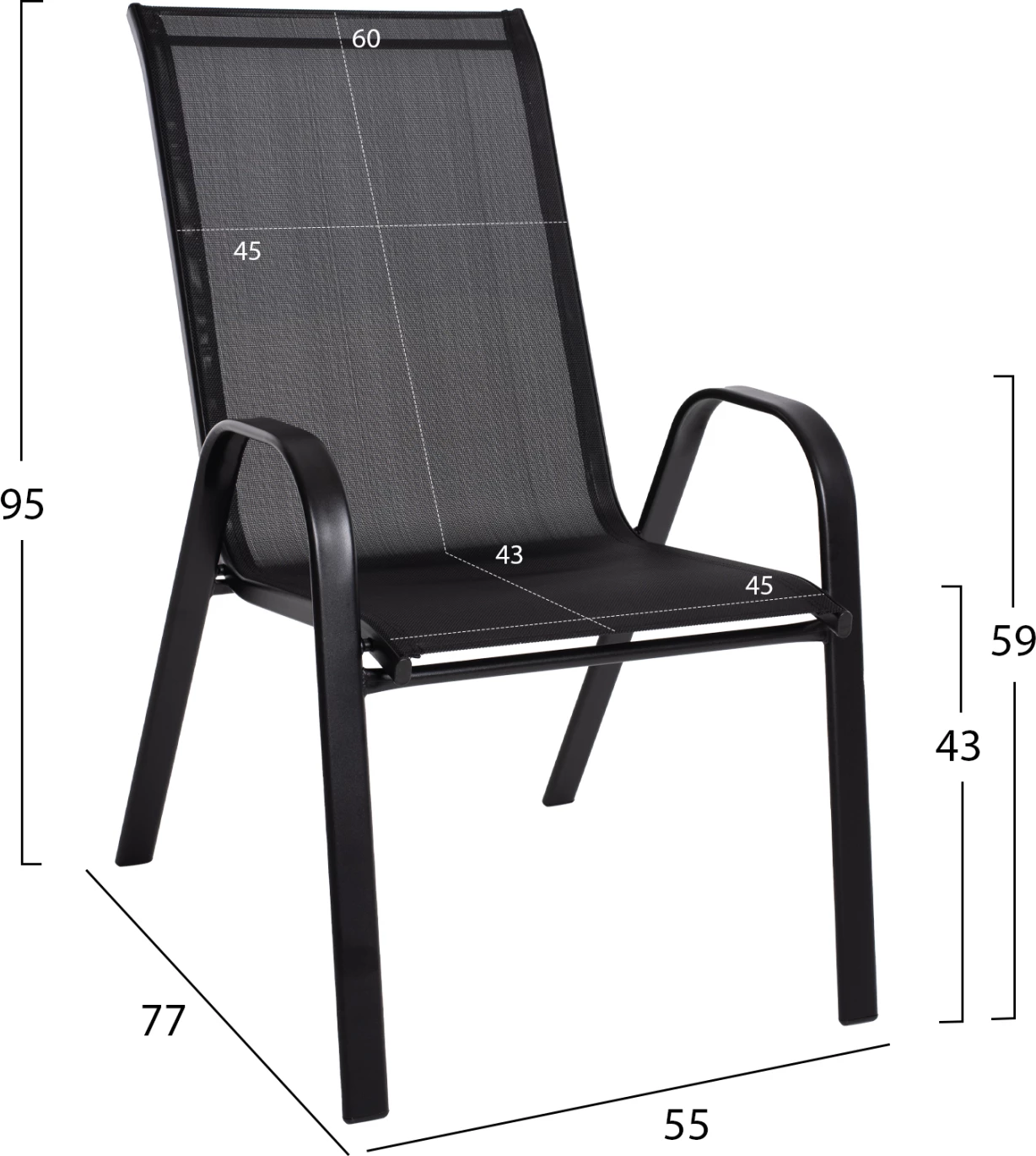 Karrige për jashtë LEON FH5000.03, metal i zi-tekstilene e zezë, 55x77x95H cm