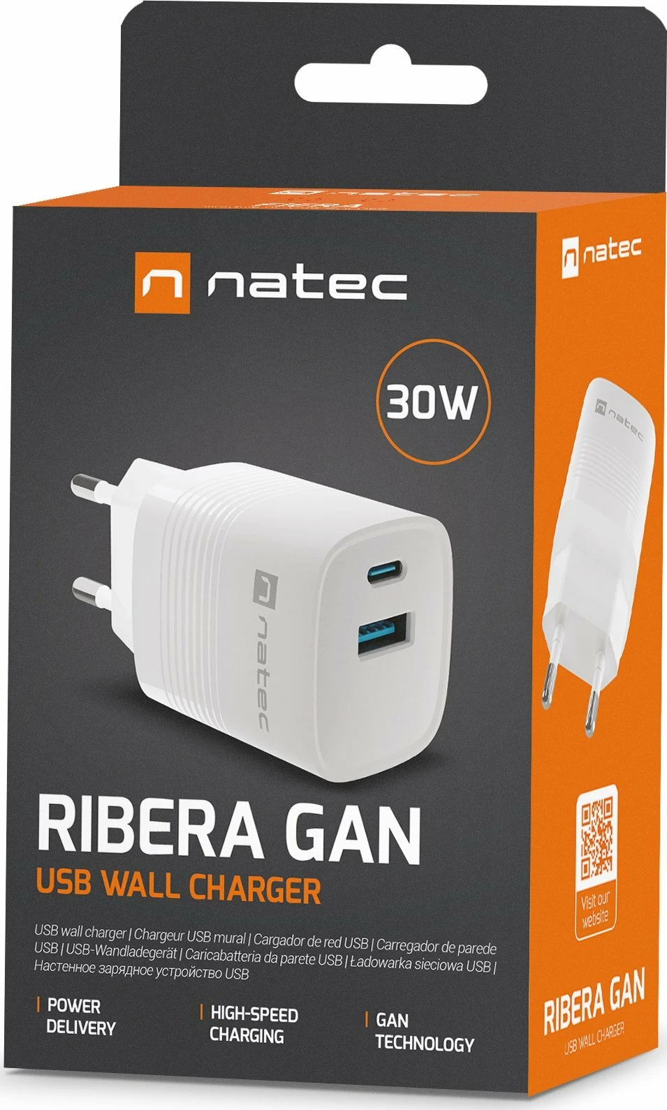 Karikues GaN Natec Ribera NUC-2140 30W 1x USB-A 1x USB-C, i bardhë