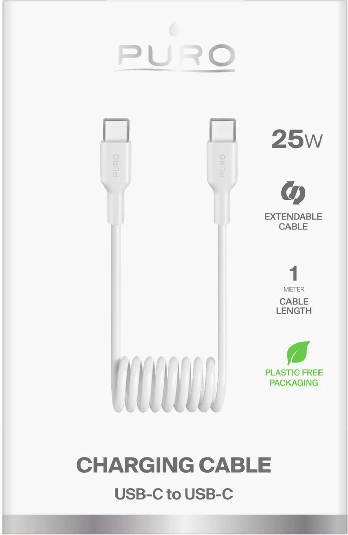 Kabllo spiral USB-C në USB-C Puro PUCCC25WSPWHI, 1m, 25W, Bardhë