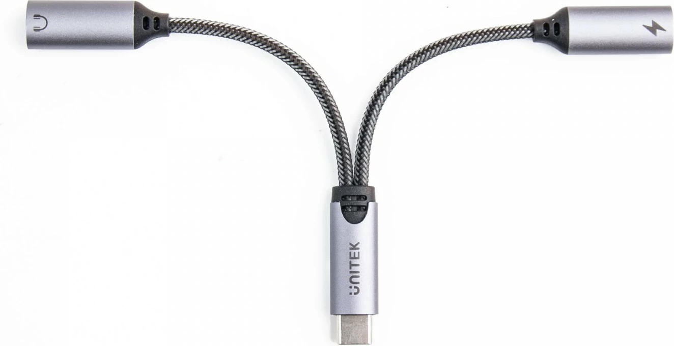 Adapter Unitek USB-C në 2 x port USB-C audio dhe 18W, ngjyrë gri
