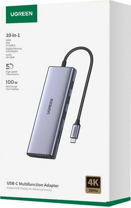 Hub USB-C Ugreen CM498 10n1, 3x USB-A 3.0, HDMI 4K@30Hz, VGA 1080p@60Hz, RJ45 Gigabit, SD/TF, AUX 3.5mm, USB-C PD 100W, gri