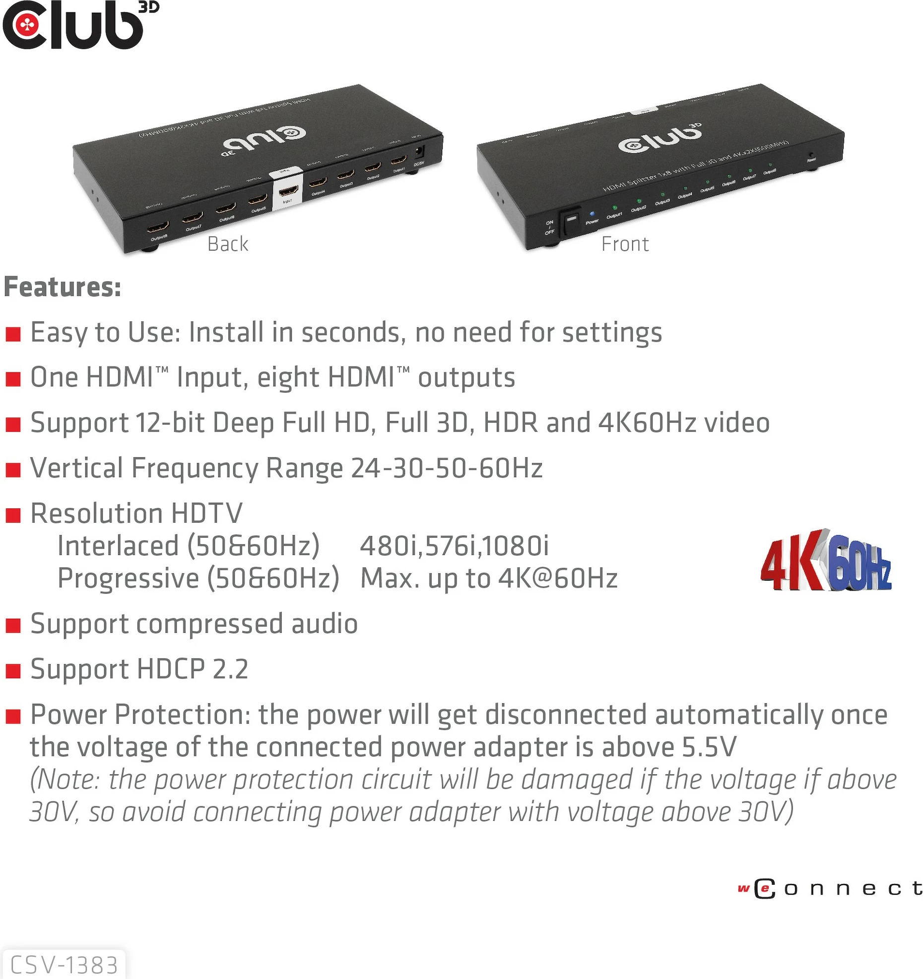 Splitter HDMI Club3D CSV-1383, 8 dalje, 4K60Hz, i zi