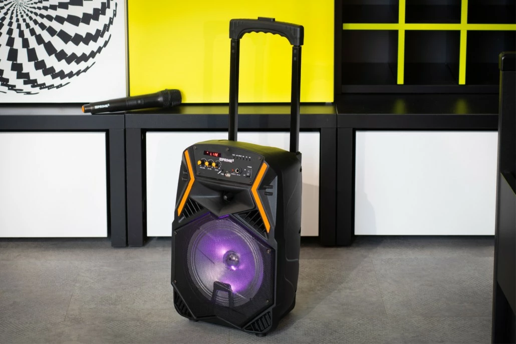 Boks portativ PRIME3 APS22 BLAZE me Bluetooth, karaoke, mikrofon pa tela, LED, zi/portokalli