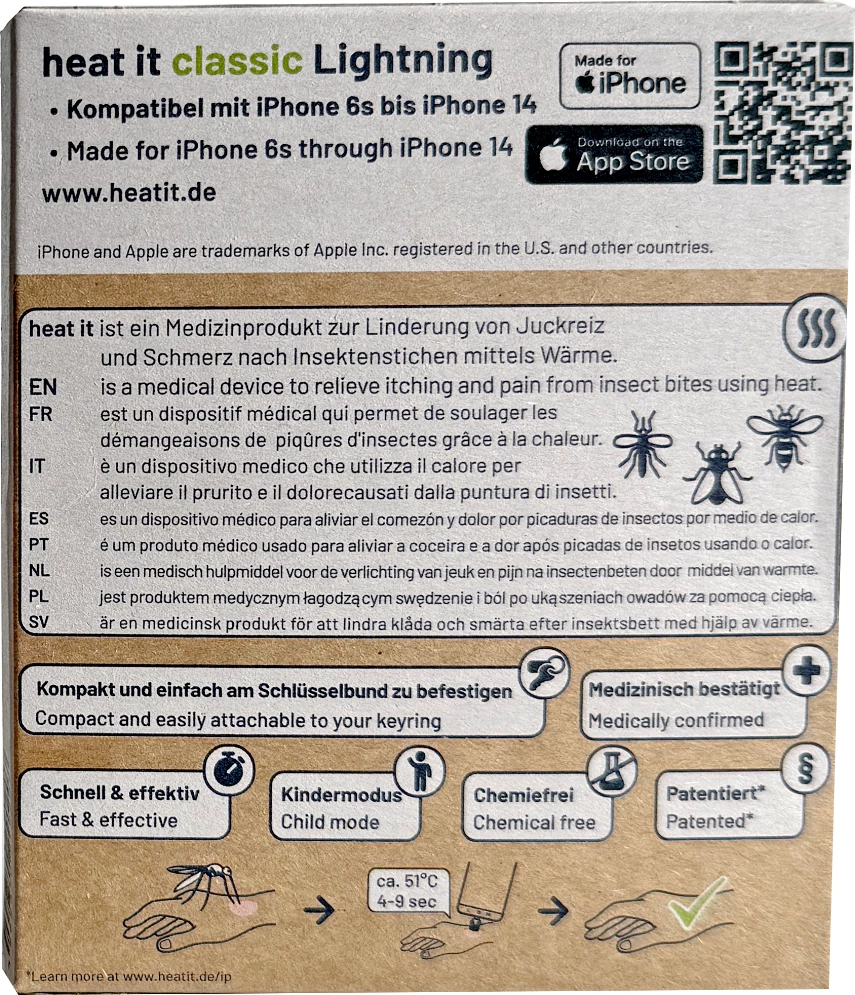 Pajisje për trajtim pickimi insektesh HEAT IT V3, Lightning për iPhone 6–14, e kaltër