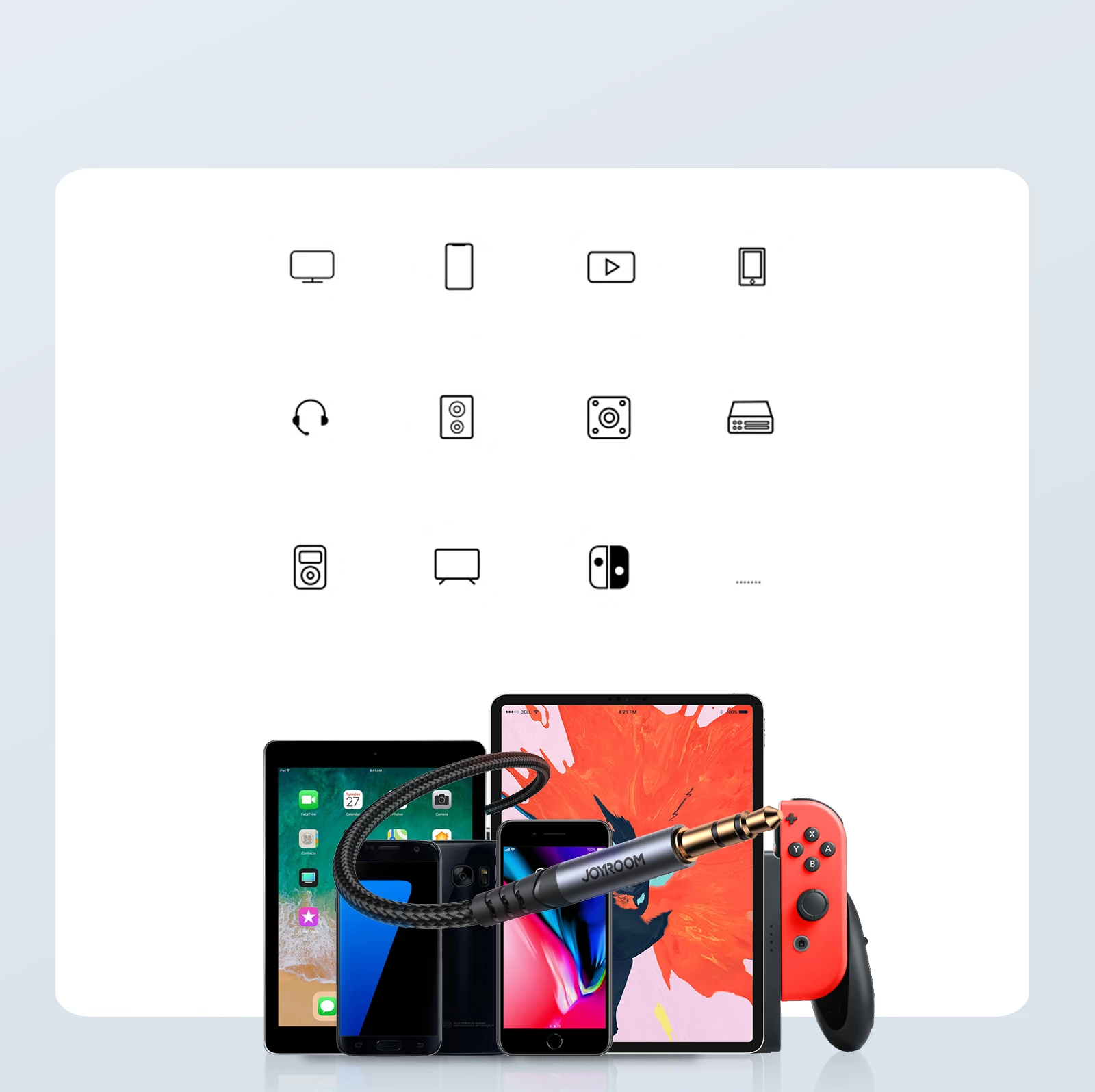 kabëll audio AUX 3.5 mm mashkull‑mashkull, Joyroom, SY-A08, 1.2 m, i zi