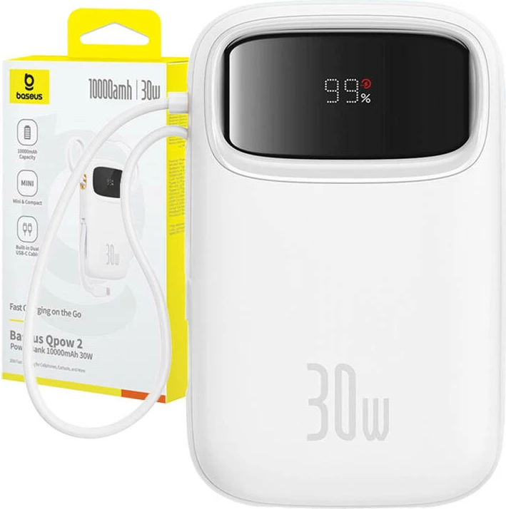 Powerbank Baseus QPow 2, 10000mAh, 30W, e bardhë