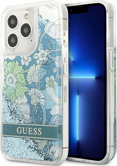 Mbështjellës Guess Flower Liquid Glitter për iPhone 13 Pro Max 6.7", Gjelbër