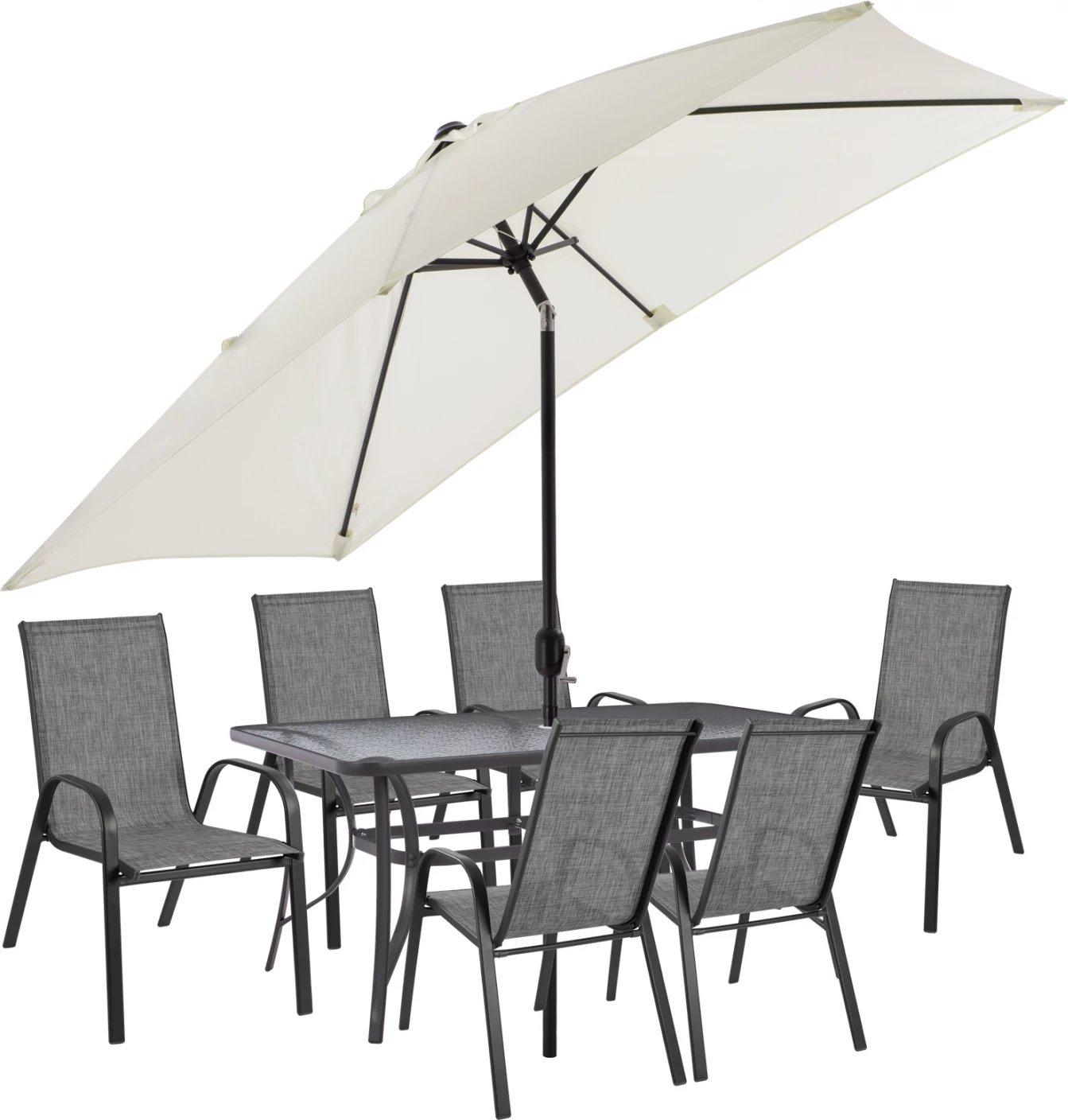 Set darke 8 cope tavoline me karrige gri dhe ombrellë bezhë gri FH11474