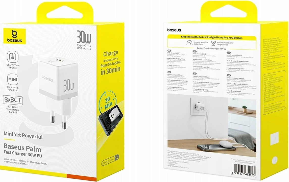 Karikues Baseus Palm BSU9056 30W 1x USB-A 1x USB-C Quick Charge/PD, i bardhë