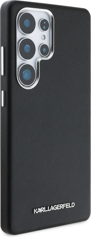 Mbështjellës Karl Lagerfeld Saffiano Full Wrapped Elongated Metal Logo MagSafe për Samsung Galaxy S25 Ultra, Zi