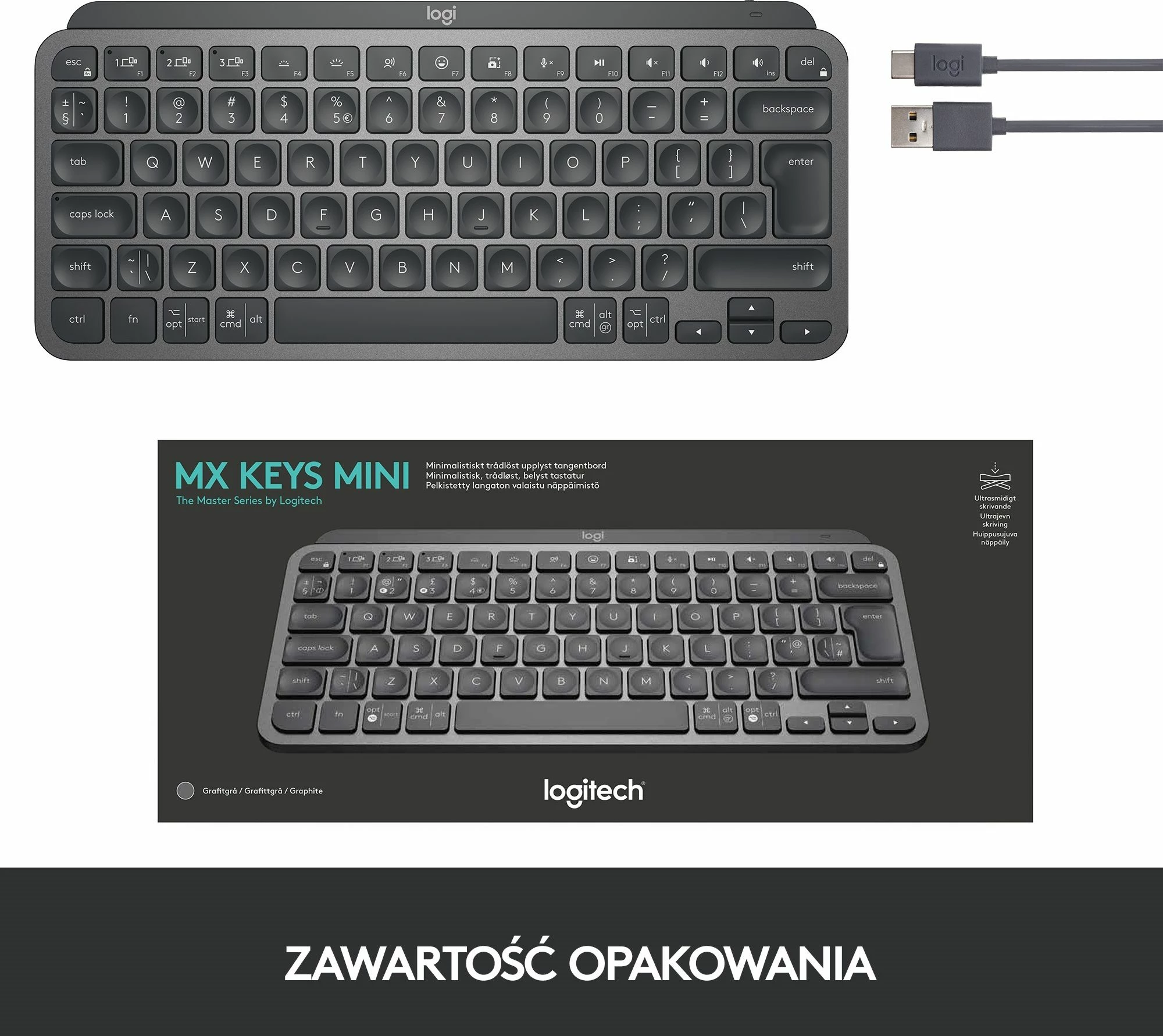 Tastierë Logitech MX Keys Mini 920-010498, wireless Bluetooth, e ndriçuar, US INTL layout, rikarikueshme USB-C, Graphite