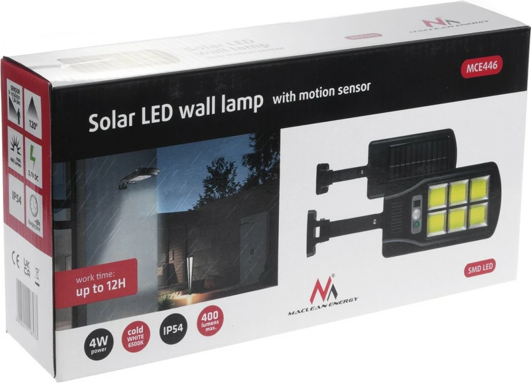 Llambë rruge solare LED Maclean MCE446 me sensor lëvizjeje dhe telekomandë, 400lm, IP54, e zezë