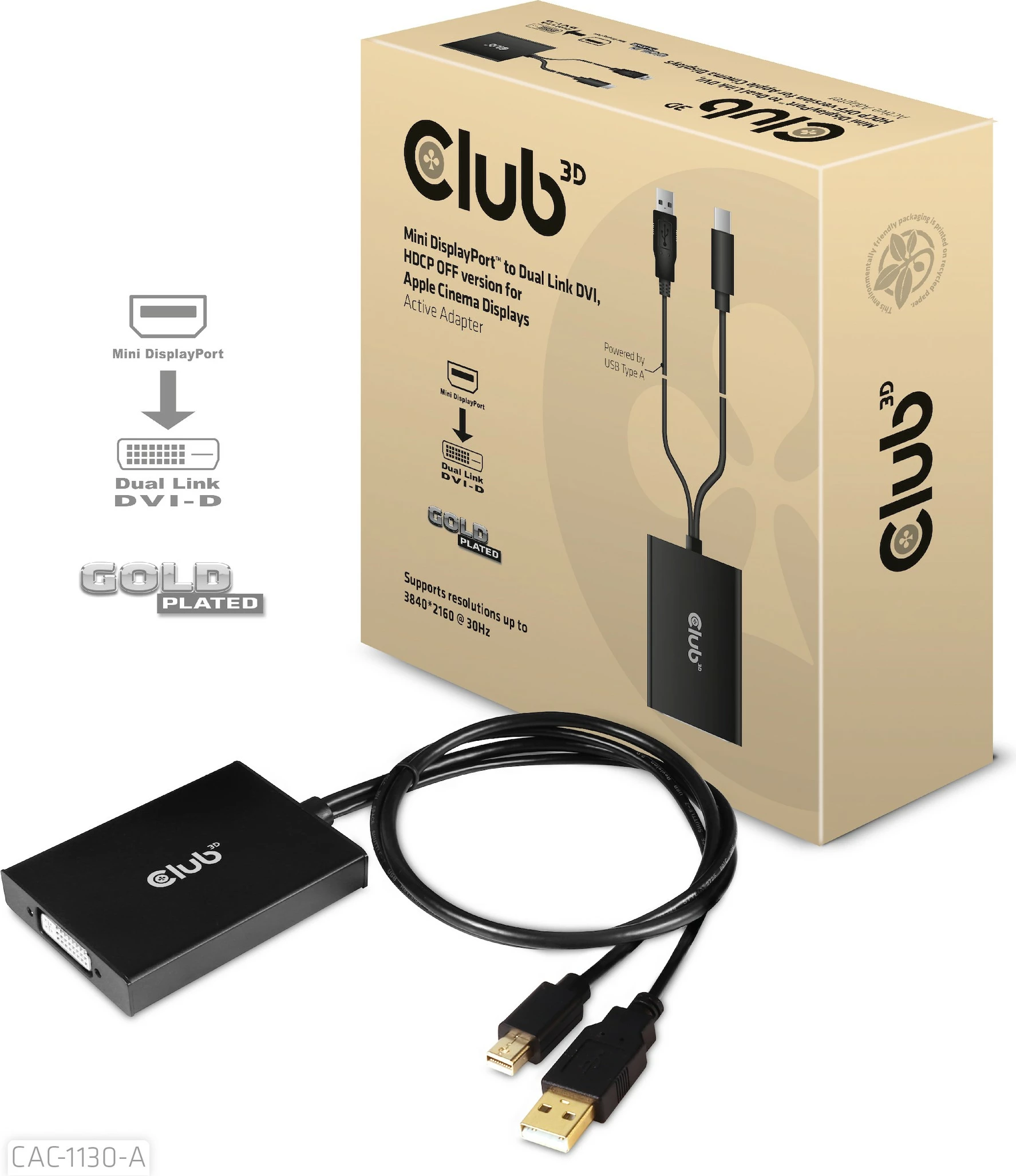 Adapter Club3D Mini DisplayPort në DVI Dual Link, 0.6m, i zi