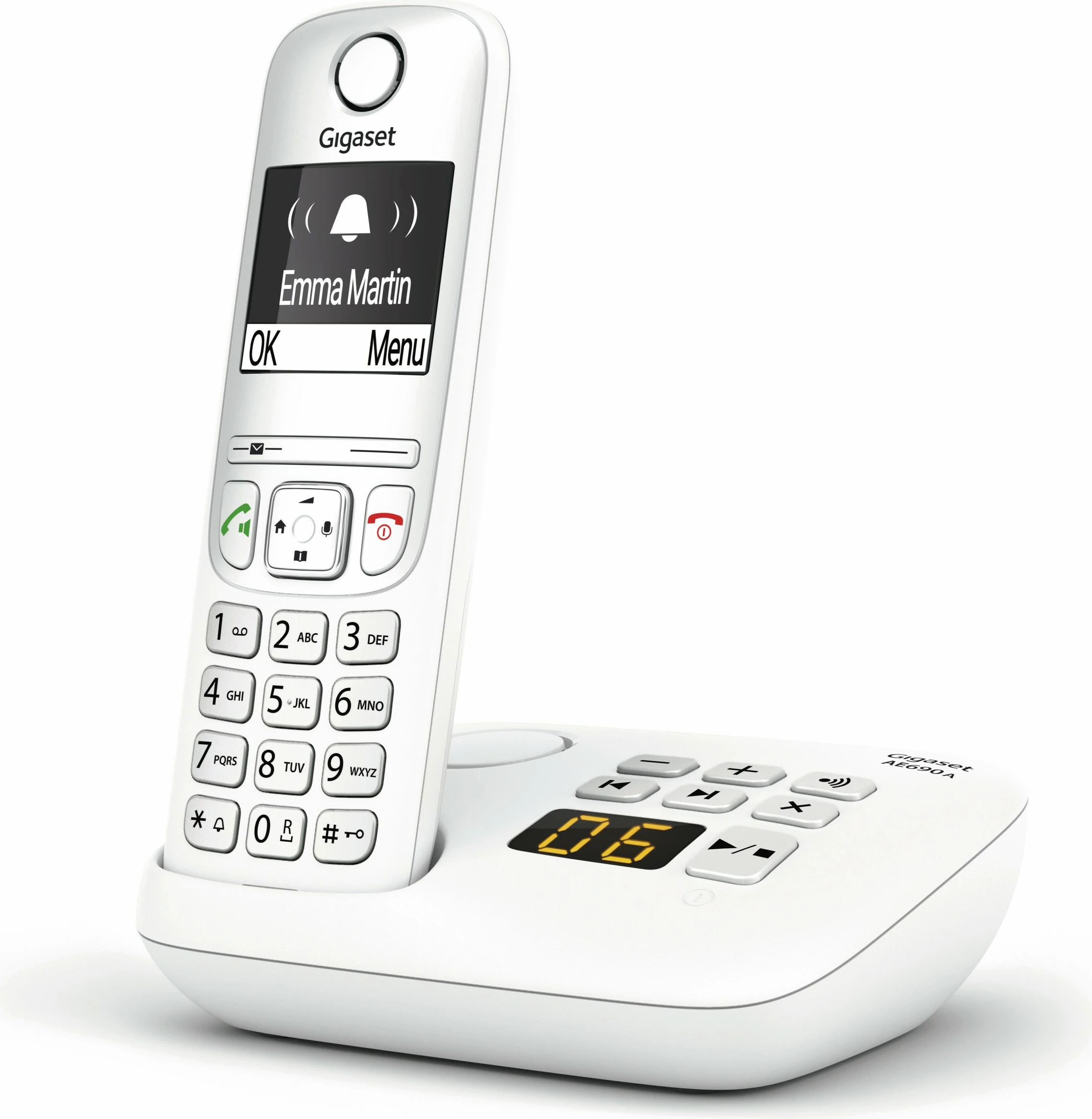 Telefon pa kabllo Gigaset AE690A, analog/DECT, regjistrues thirrjesh, 100 kontakte, i bardhë