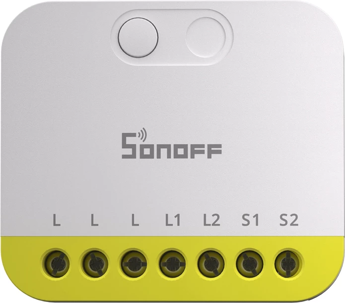 Switch mini 2-kanalësh ZigBee Sonoff MINI-ZB2GS-L, pa neutral (pa N), 100–240V, 8A/kanal, bardhë/verdhë