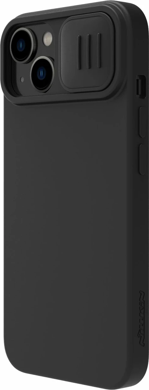 Mbështjellës Nillkin CamShield Silky Silicone për iPhone 14 Plus, MagSafe, me kapak kamere, Zi