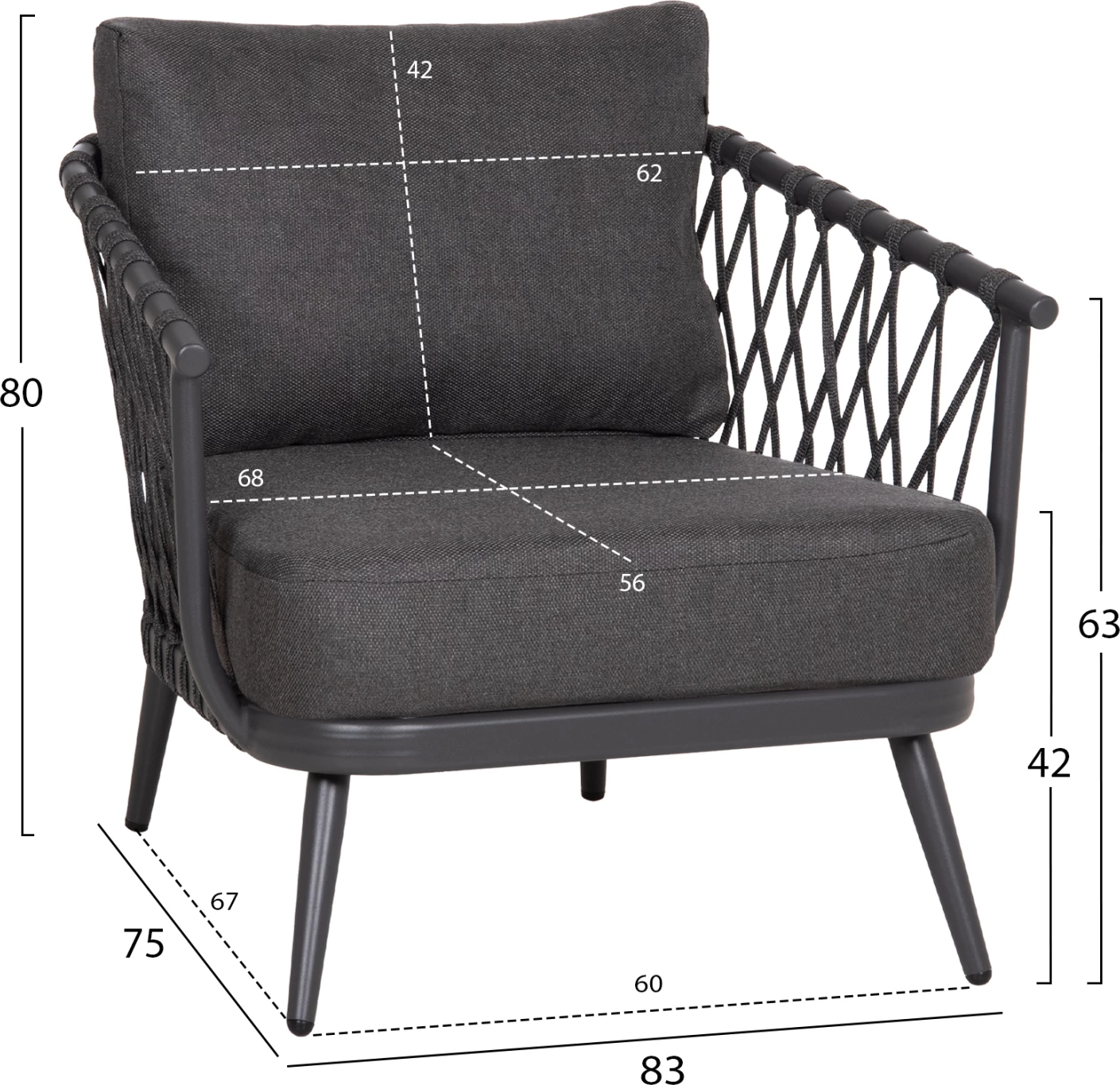 Set lounge për jashtë, 4 vende, WILLA, alumin, litar, jastëkë, ngjyrë gri, FH6505.01