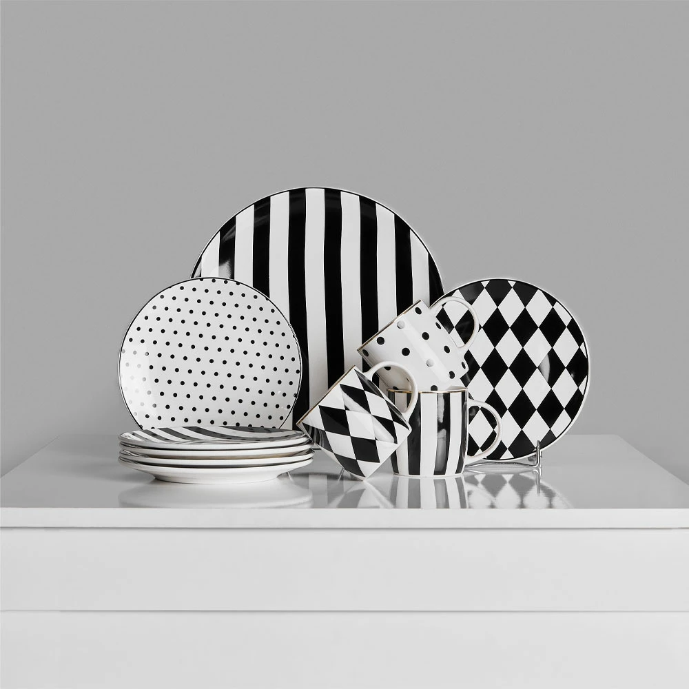 Filxhan Jolie Rombus, porcelan New Bone China, bardhë, zi, ar, 9x9x9cm