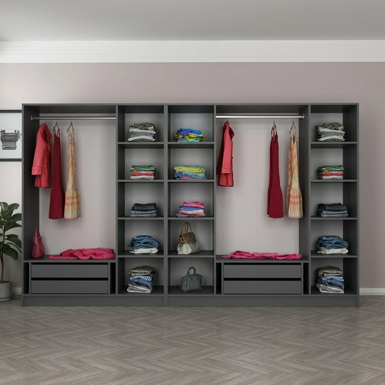 Dollap garderobe Skye Decor, anthracite e zi, 315x190x52cm, 10 pjesë