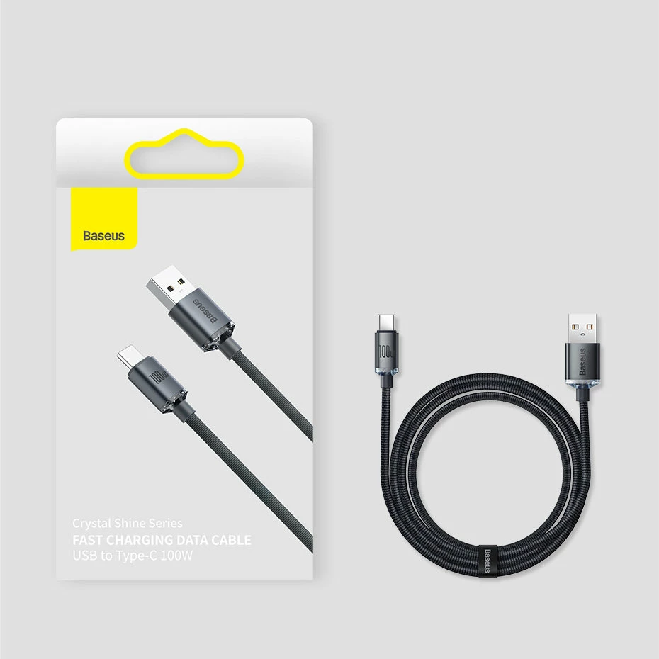 Kabllo për karikim të shpejtë Baseus Crystal Shine Series, USB-A në USB-C, 2m, 100W, e zezë