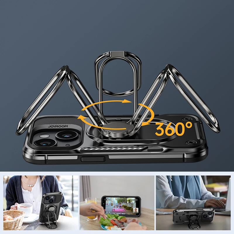 Mbështjellës Joyroom Dual Hinge për iPhone 14 Plus, me këmbalec dhe ring holder, Zi