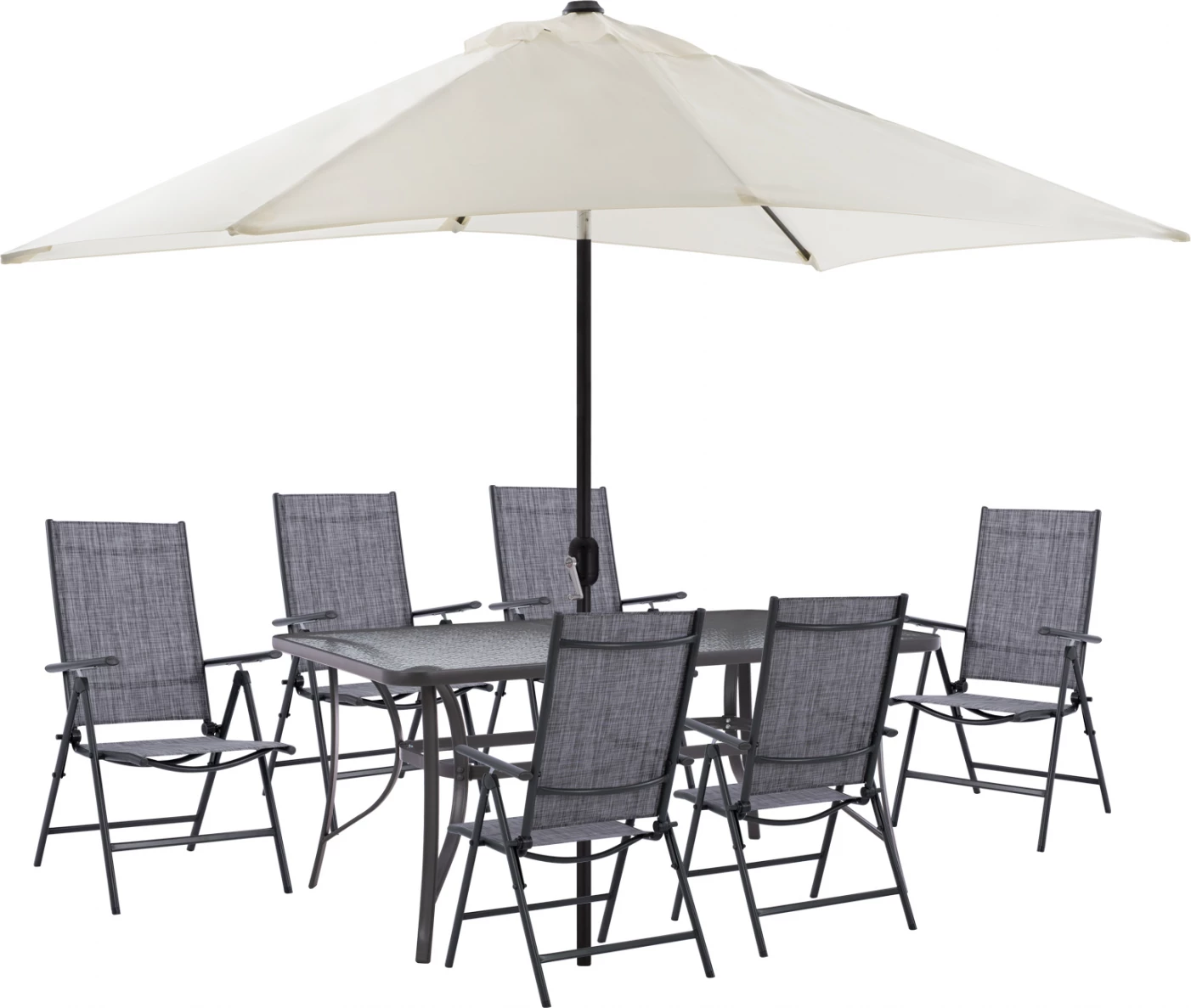 Set për terasë 8 pjese, tavolinë 150x90, karrige të palosshme dhe ombrellë, gri bezhë, FH11480