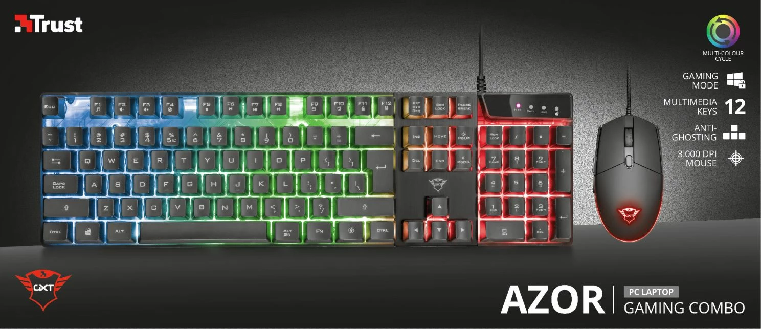 Set tastierë gaming + Maus Trust GXT 838 Azor 23472, me kabllo, RGB, 3000 DPI, e zezë