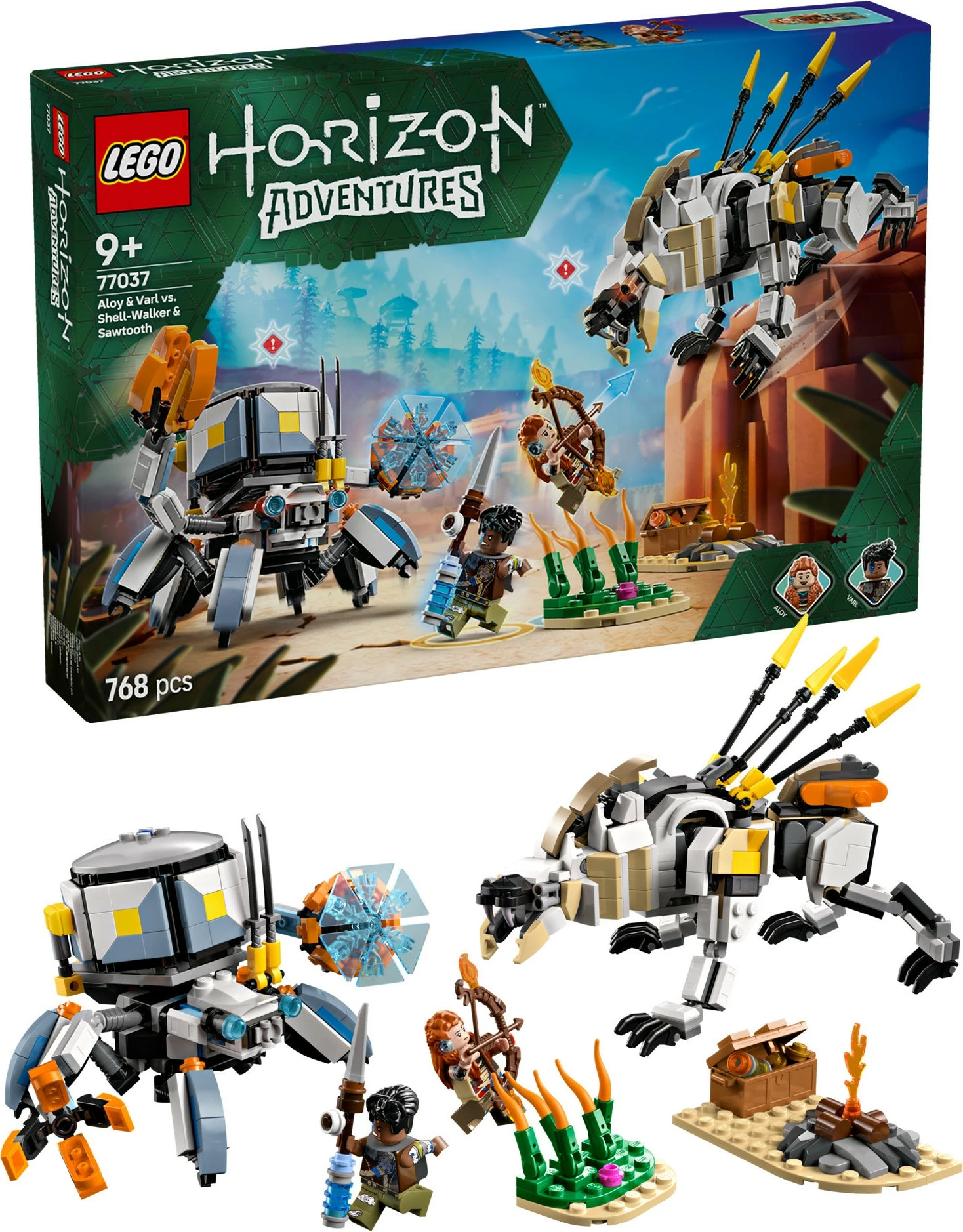 Set ndërtimi LEGO Horizon Adventures 77037, Aloy & Varl kundër Shell-Walker & Sawtooth, 768 pjesë, shumëngjyrësh