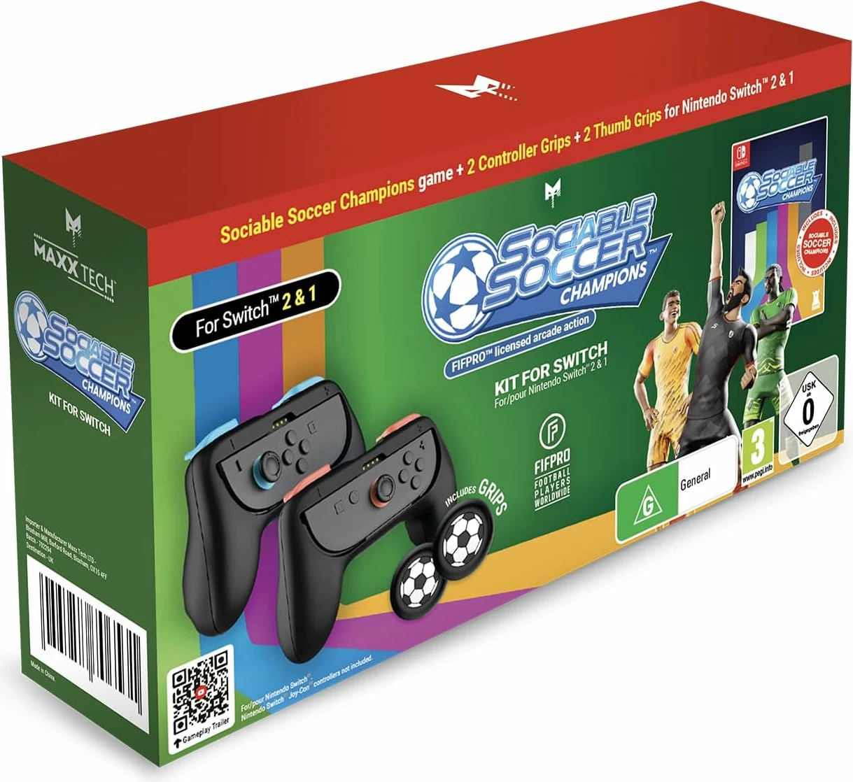 Kit gaming MAXX TECH Sociable Soccer Champions për Nintendo Switch 2&1 (kod loje + 2 grip Joy-Con + 2 kapakë thumbstick)