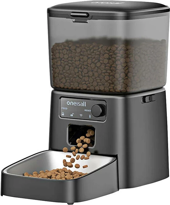 Shpërndarës ushqimi për kafshë inteligjent, Oneisall PFD001 Pro, 1.2 kg, kontroll me aplikacion, furnizim rrjet + bateri, i zi