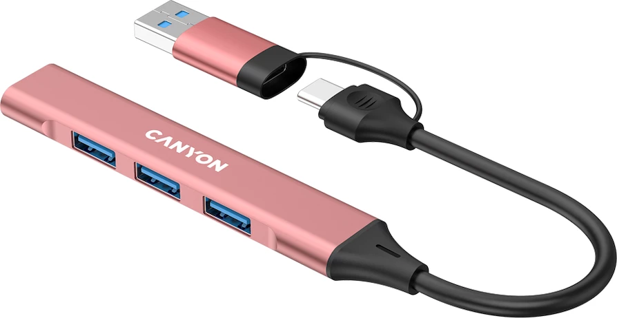USB hub CANYON DS-02 4në1 USB-C në 4x USB-A (1x USB 3.0 + 3x USB 2.0), kabllo 15 cm, rozë