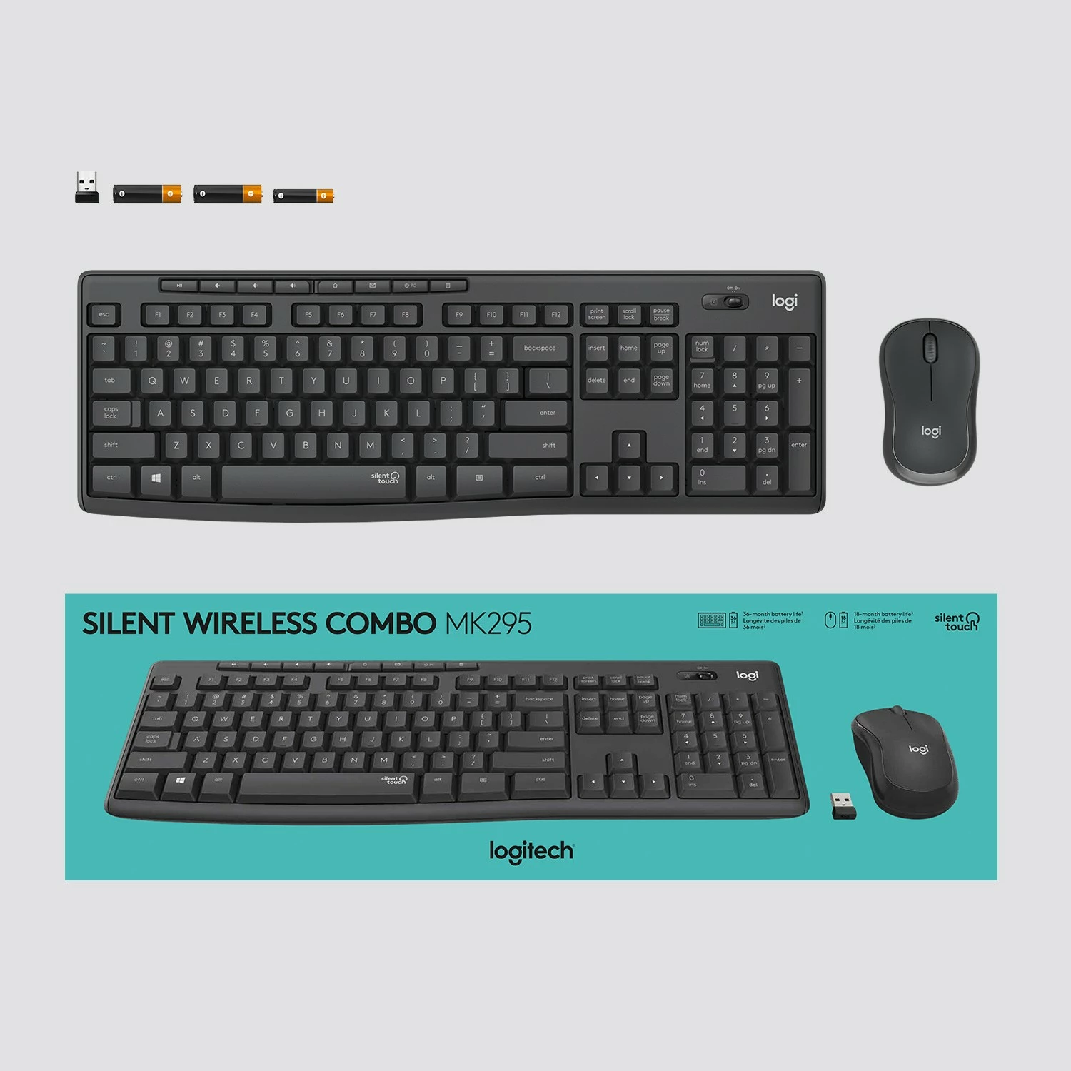 Kombo Logitech MK295 Silent Wireless, Full-size (100%), Wired, USB, QWERTY, Grafit, Maus i përfshirë