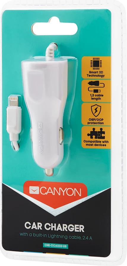 Karikues veture CANYON C-033/US 2.4A USB-A me Lightning të integrum 1.2 m, i bardhë