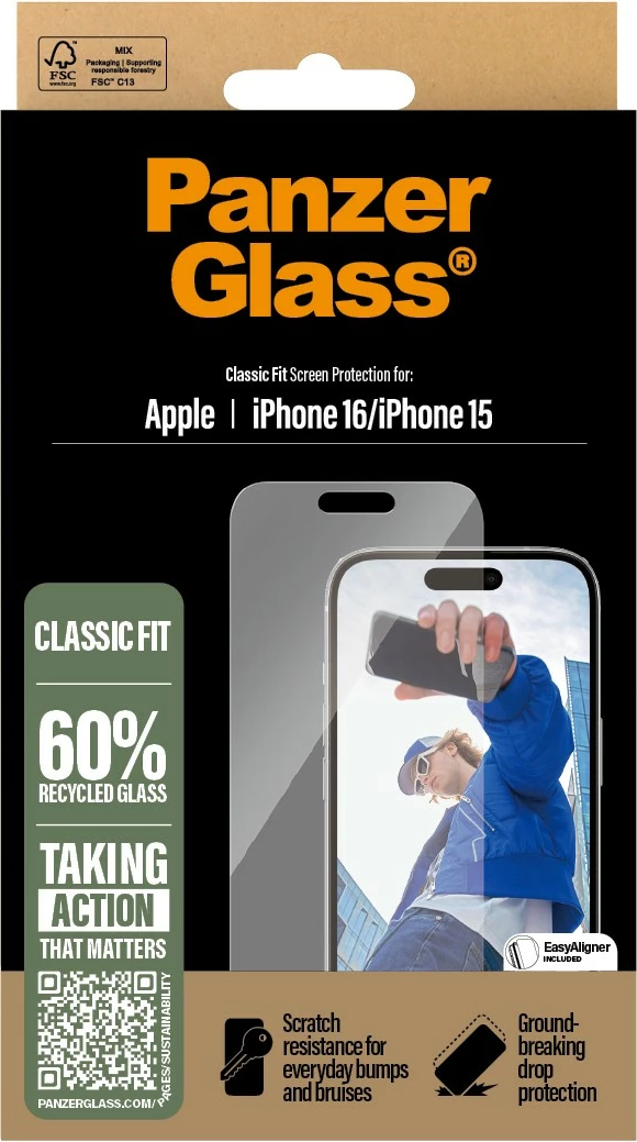 Mbrojtës ekrani PanzerGlass për iPhone 16, Classic Fit, transparent