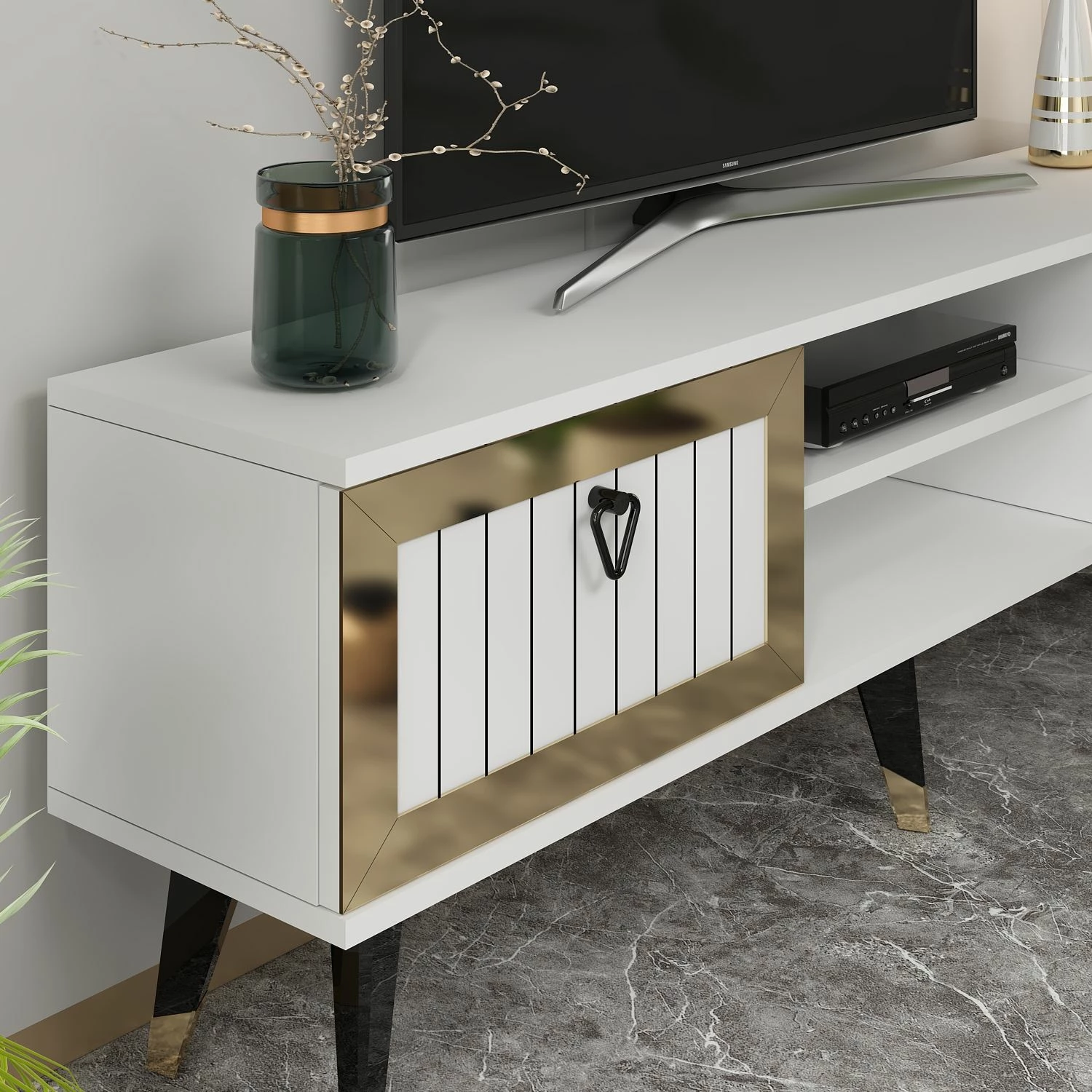 Komodë për TV Skye Decor, Lidya, e bardhë dhe ari