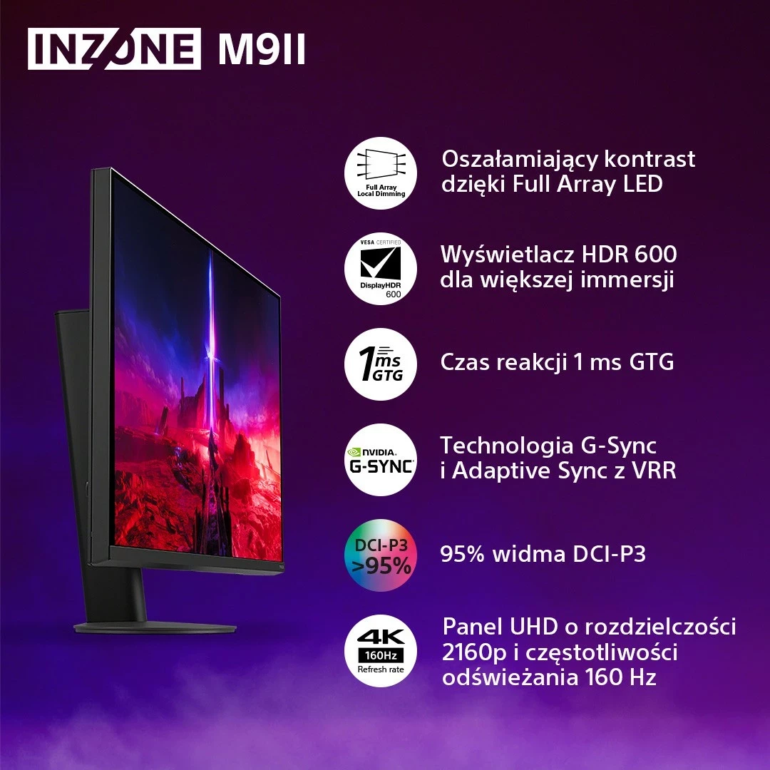 Monitor Sony INZONE M9II, 27", 4K, IPS, 160Hz, HDR, e zezë
