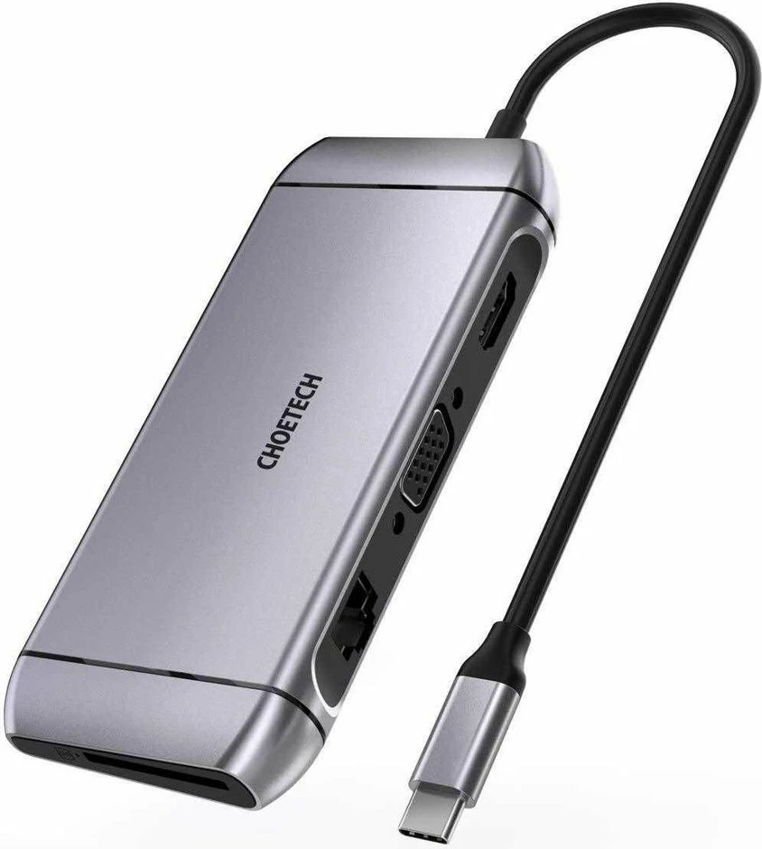 Kasë Choetech HUB-M15, 9 porte, USB Type-C, HDMI 4K, VGA, RJ45, Gri