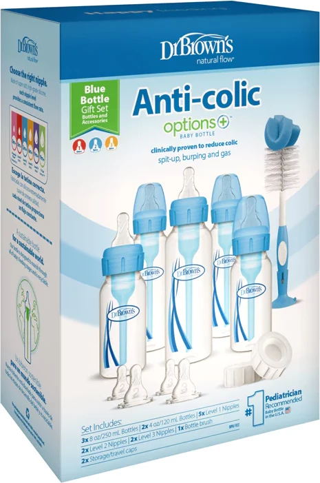 Set Dhuratë Blu – Biberon i Ngushtë Anti-Kolik + Opsione Anti-Kolik për Foshnja Dr. Brown's