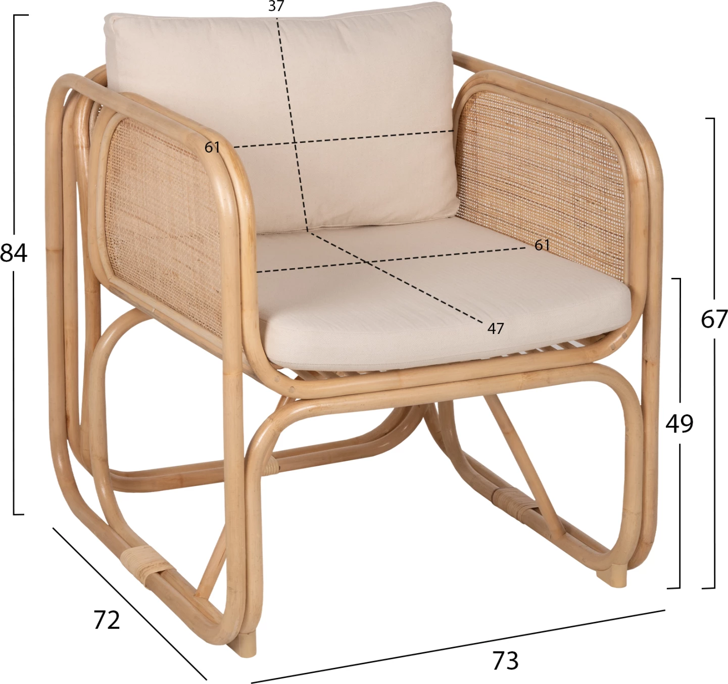 Karrige Wendy FH9816 prej ratanit, ngjyrë natyrale e lëmuar - jastëkë të bardhë, 73x72x84H cm