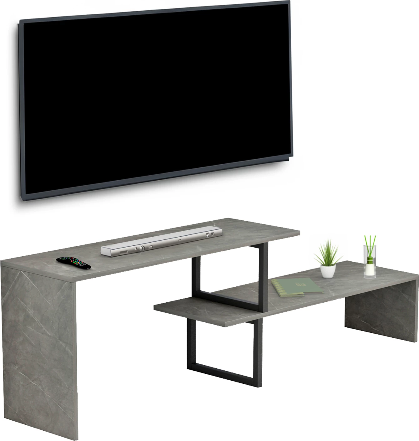 Mobilje TV e zgjerueshme BRIGGITE FH8892.11 melaminë me teksturë guri gri - këmbë metalike të zeza 110-160x30x45Hcm