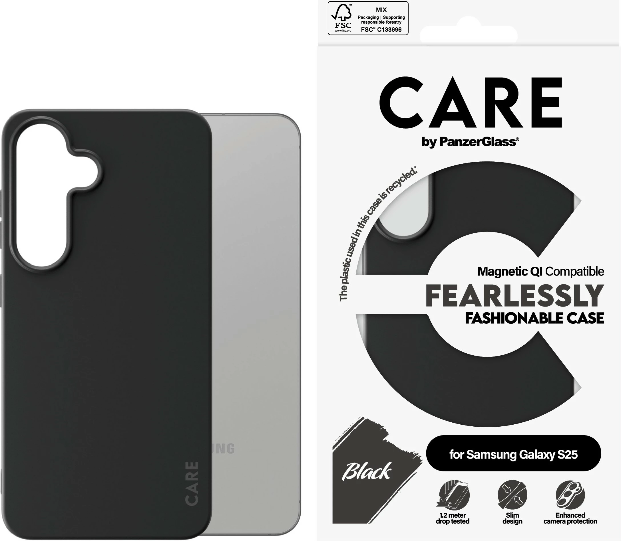 Mbështjellës PanzerGlass CARE për Galaxy S25, silikon, i zi