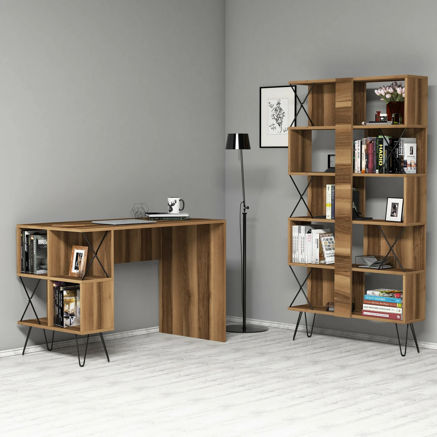 Set tavoline pune me raft librash, ngjyrë arre dhe e zezë, Skye Decor, ekstra
