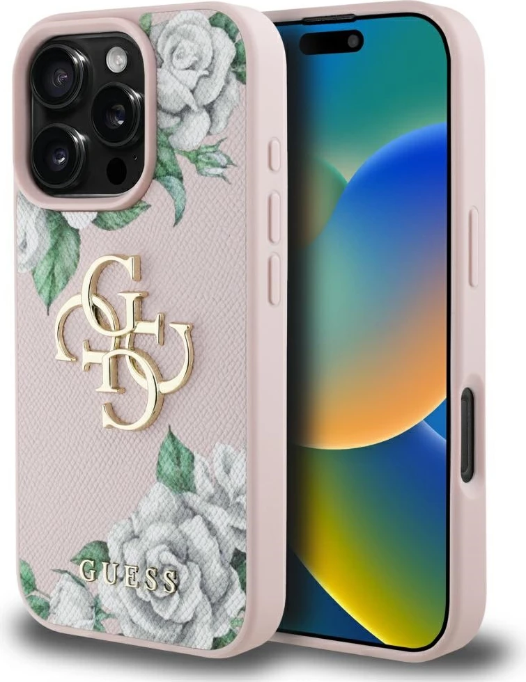 Mbështjellës Guess Grained Roses Big 4G logo për iPhone 16 Pro, Rozë