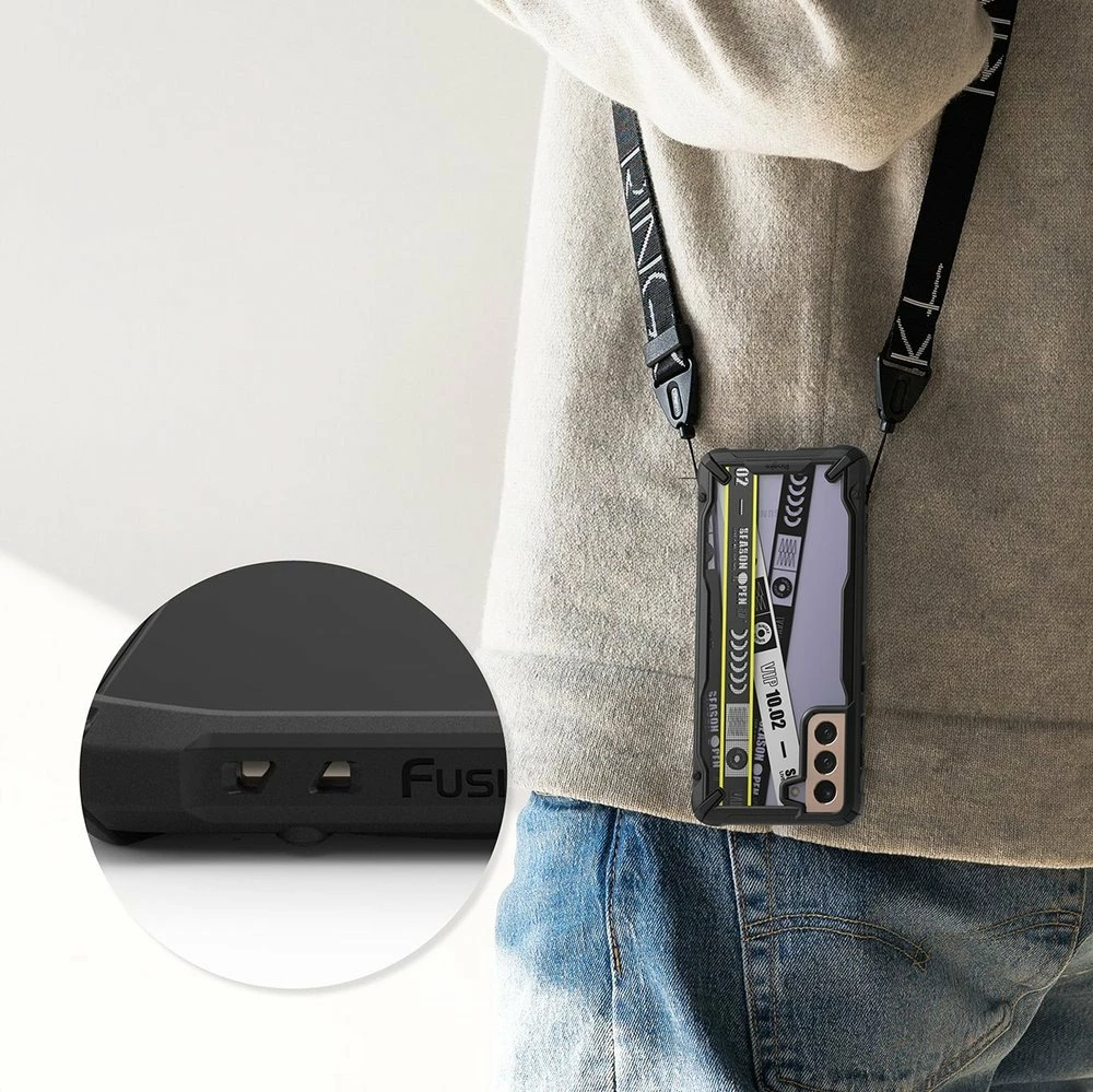 Mbështjellës Ringke Fusion X Design për Samsung Galaxy S21+ 5G, i zi, transparent, me detaje të verdha