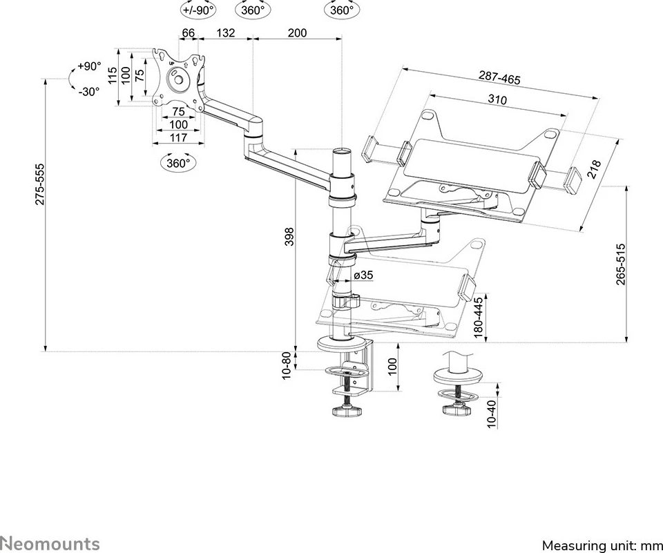 Krah tavoline Neomounts DS20-425BL2 për monitor dhe laptop, 27 inç, rregullim i lartësisë, i zi