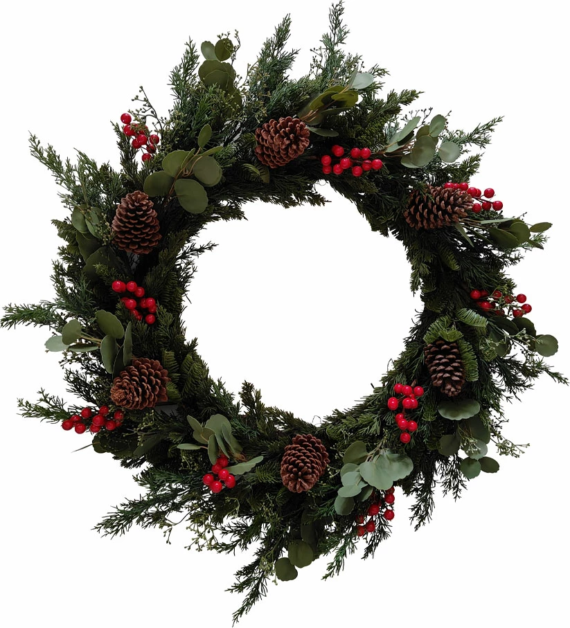 Kurorë Krishtlindjesh me manaferra të kuqe, me mistletoe, 90x90cm, jeshile-kuqe