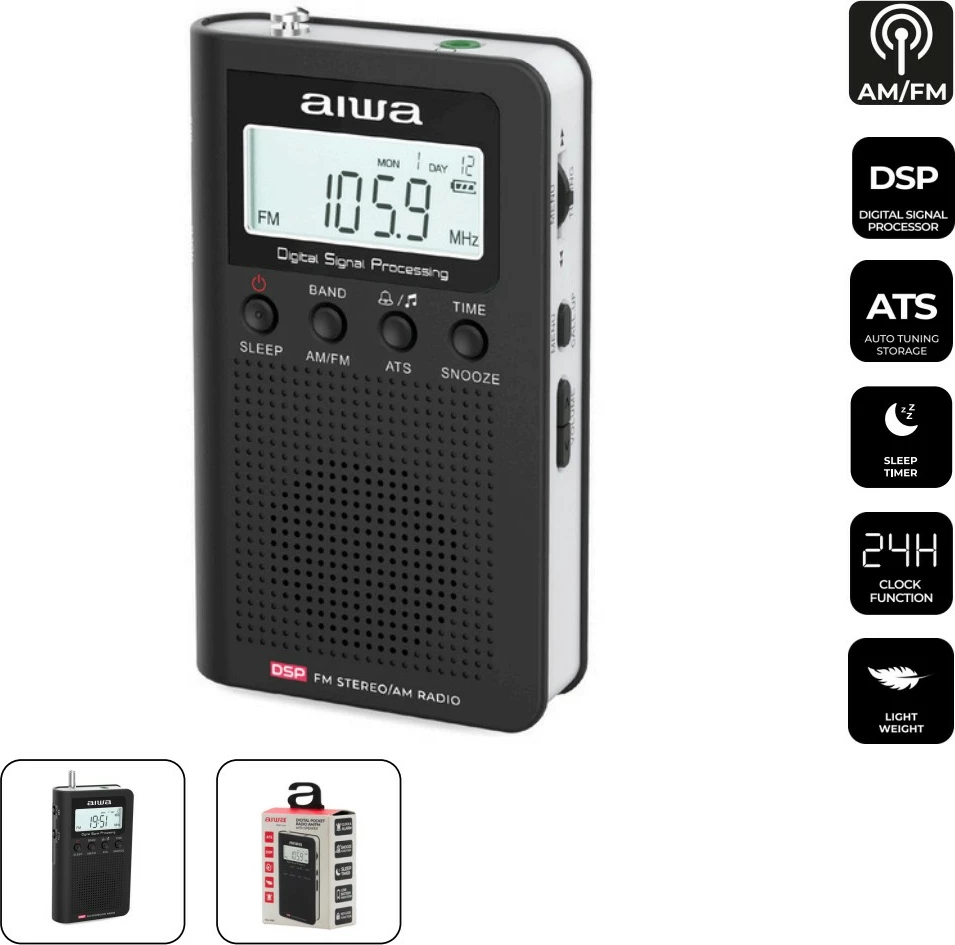 Radio portative Aiwa RSD-45/BK AM/FM stereo me DSP, alarm, LCD me ndriçim, me Kufje + 3x AAA, e zezë