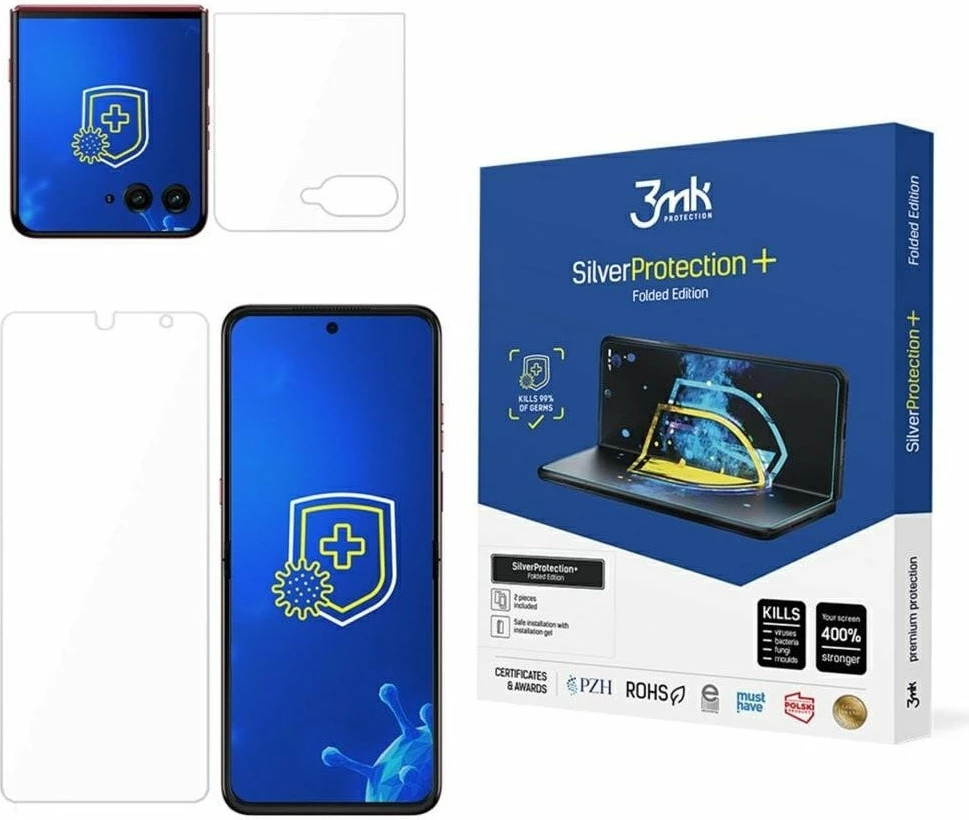Folie mbrojtëse 3MK SilverProtect+ Folded Edition për Motorola Razr 60 Ultra, antimikrobiale, montim i lagësht, set 2 copë (para/mbrapa)