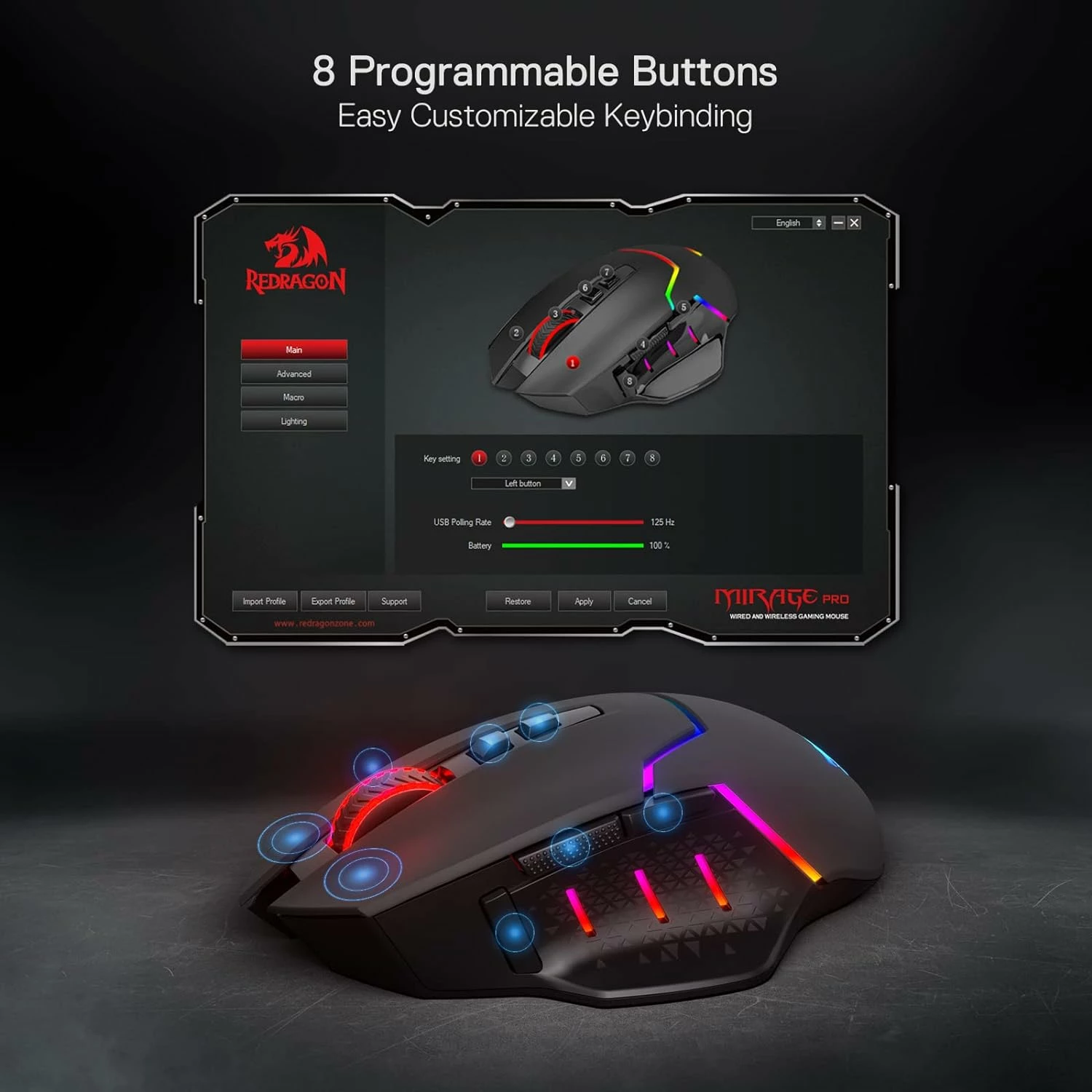 Maus wireless gaming Redragon Mirage M690-PRO 8000 DPI, 8 butona, RGB, i zi