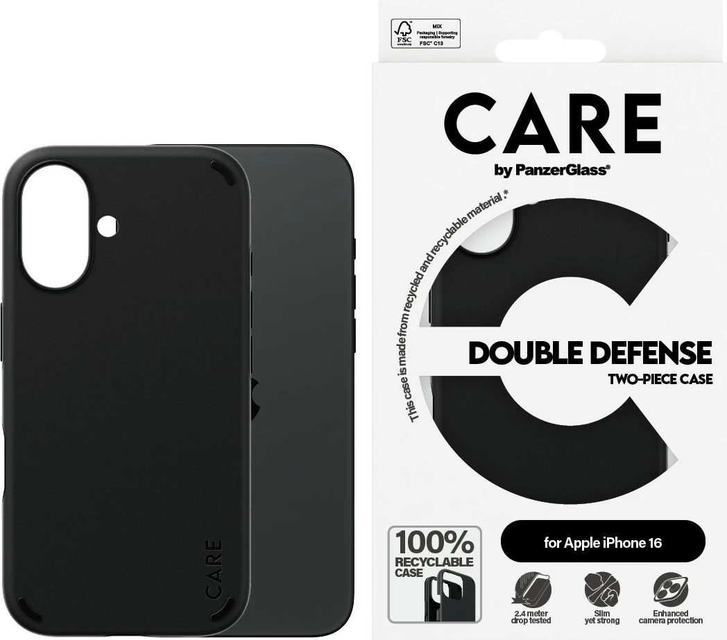 Mbështjellës PanzerGlass CARE Case Feature Double Defence, iPhone 16, i zi